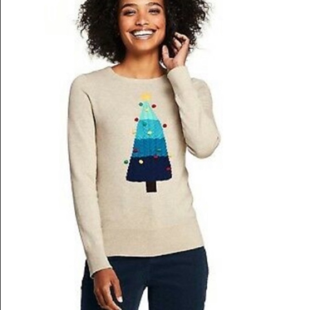 Lands End Christmas Tree Sweater 100% Supima Cotton EUC